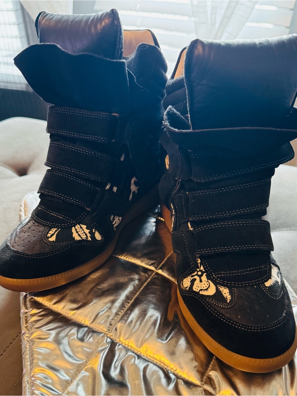 Women's Isabel Marant Black and White Suede High-Top Sneakers with Gum Sole 9